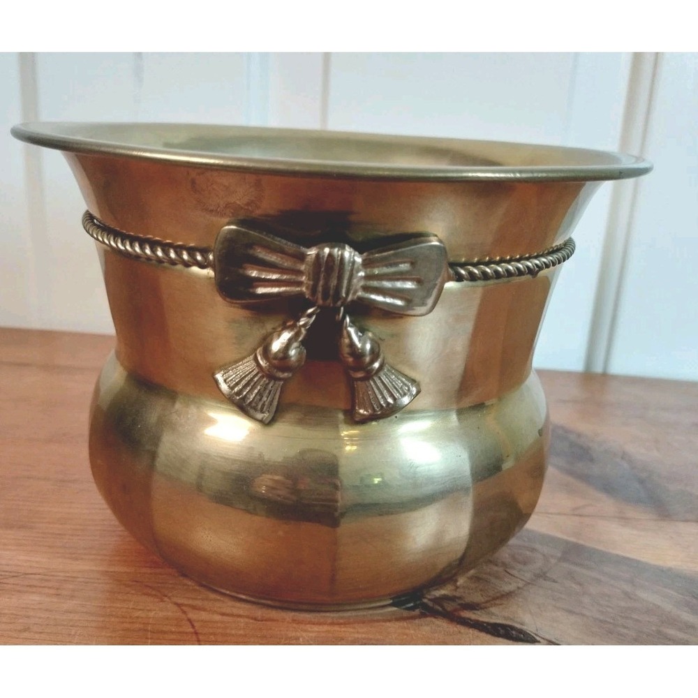Vintage Brass Bow & Tassel Planter Cachepot Made in India Coquette Regency 5"